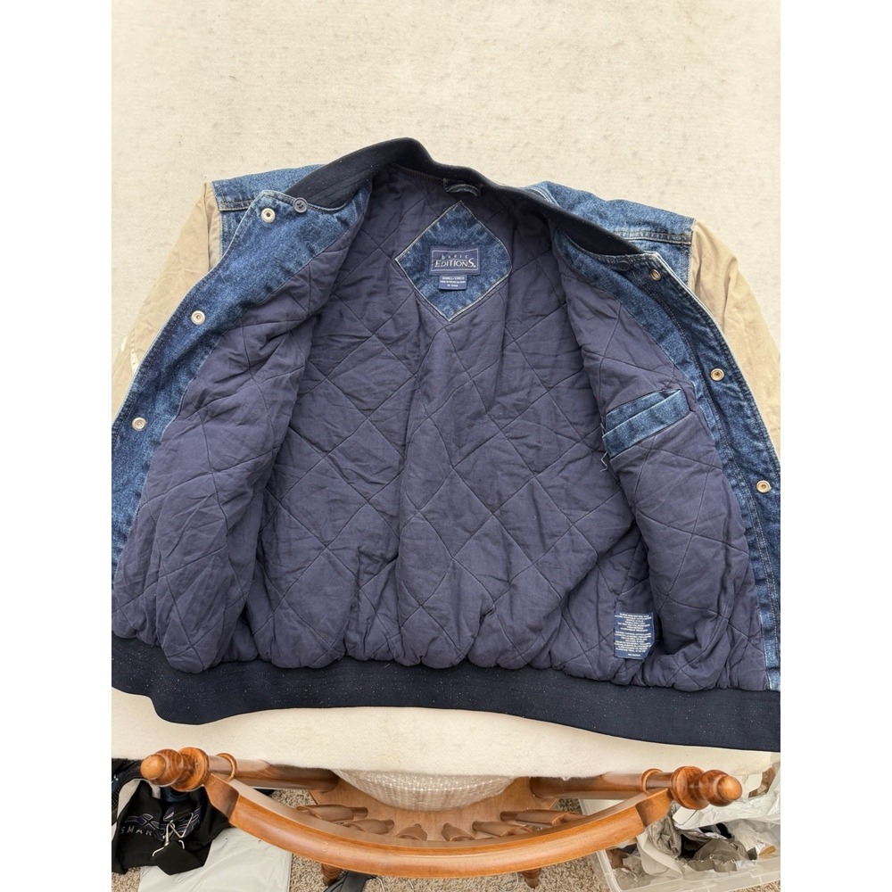 Vintage Denim Bomber Jacket Mens S Blue Tan Cream Quilted Coat 90s AMAZING - Picture 3 of 7